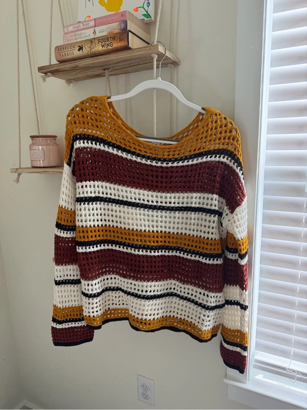 Nine West Open-Knit Striped Pullover Sweater in Mustard, Burgundy & Cream